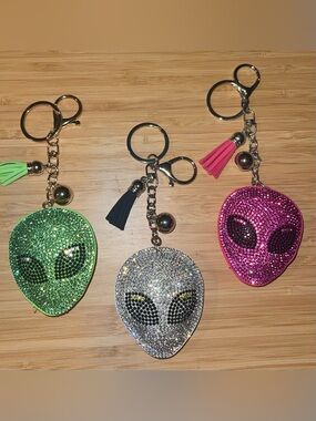 Rhinestones Puff Multicolor Alien Keychain bag charm with tassel